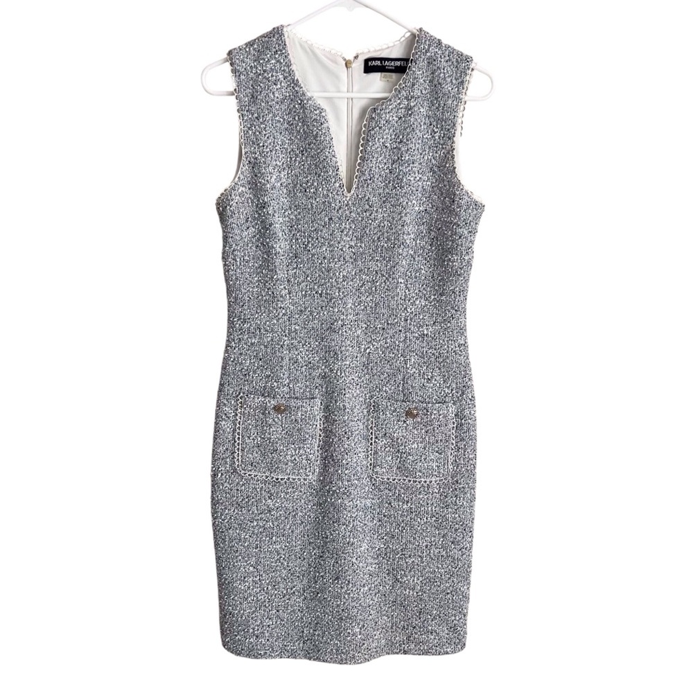 Karl Lagerfeld Blue Tweed Sheath Shift Dress Classy Preppy Old Money Boucle Sz 4